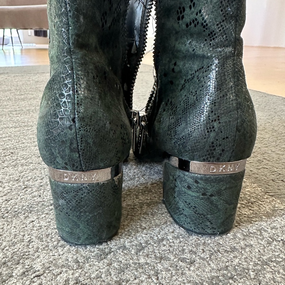 DKNY Green Heeled Boots with Chunky Block Heel